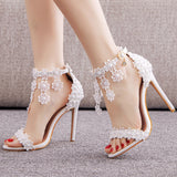 Tuxedo Sandals White Buckle Shoes Fine Heel Roman Sandals White Lace Heel Sandals HZ0115