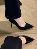 Black Red-Soled High Heels Women's Fine Heel 2025 Autumn/Winter Autumn And Winter New Sequin Crystal Wedding Shoes At The Tip Of Professional Sexy Single Shoes HZ0115