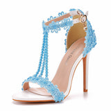 Sandals White Buckle Shoes Fine Heel Fish Mouth Roman Exposed Toe Sandals 11 Cm Beaded High-Heeled Sandals HZ0115