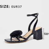 Women's Square Head Stone Pattern Three-Dimensional Flowers Coarse Sandals Women's Shoes Pure Color Gorgeous Black High-Heeled Shoes HZ0115