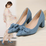 Denim High Heels Ladies Fashion Single Shoes Coarse Heel Small Fragrant Wind New Bow Large Size Shoes 35-42 HZ0115