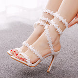 Fish Mouth Tied High Heel Sandals White Flowers Sandals Women's Banquet Wedding Dress Bridal Shoes Princess Sandals HZ0115
