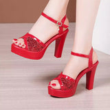 Red Fish Mouth Sandals Women's Summer New Leuky Waterproof Waterproof Thick-Soled Thick Heel Sandals Large-Size High-Heeled Sandals HZ0115