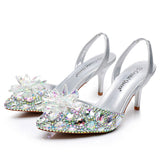 7 Cm Silver Light-Mouthed Pointed Sandals Water Drill Glass Fine Heel Sandals Large Wedding Shoes Bride Wedding Women's Shoes HZ0115