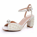 7 Cm Thick Heel Sandals Square Thick Heel Sandals White Wedding Dress Sandals Pearl Wedding Shoes Women HZ0115