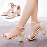 7 Cm Thick Heeled Shallow Word With Sandals Round Head Square Thick Heel Sandals White Pearl Sandals Wedding Shoes HZ0115