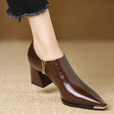 French Temperament With Comfortable Side Zipper Is Not Tired British Style Retro Leather Shoes Tips Deep Mouth Coarse Single Shoes HZ0115