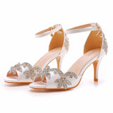 7 Cm Satin Cloth Bridal Fish Mouth High Heel Sandals Shallow Word Size Diamond Wedding Round Head Fine Sandals HZ0115