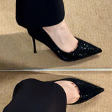 Black Red-Soled High Heels Women's Fine Heel 2025 Autumn/Winter Autumn And Winter New Sequin Crystal Wedding Shoes At The Tip Of Professional Sexy Single Shoes HZ0115