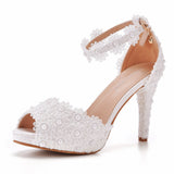 Large Yard Fish Mouth High Heel Sandals Waterproof Table Sandals Fine Heel Lace Beaded Wedding Shoes Wedding Heels HZ0115