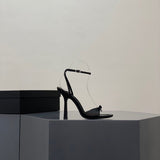 2025 New Summer Bow Silk Satin High Heels Women Feel Water Drill Letters Fine And Exposed Cool Slippers Pink HZ0115