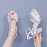 9 Cm Coarse Fish Mouth Sandals Square Sandals White Pearl Wedding Dress Sandals Pearl Wedding Shoes Women HZ0115