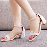 5 Cm Thick Heel Sandals Shallow Mouth With Square Side Buckle Sandals White Embroidered Lace Wedding Shoes High Heels HZ0115
