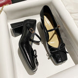 Temperament Rice White Bow Square Head Soft Leather Mary Jane Shoes 2025 Autumn And Winter New Word With Coarse Heel Single Shoes HZ0115