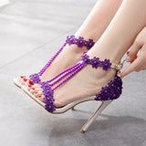 Sandals White Buckle Shoes Fine Heel Fish Mouth Roman Exposed Toe Sandals 11 Cm Beaded High-Heeled Sandals HZ0115