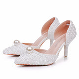 7 Cm Pointed High-Heeled Sandals Pearl Dinner Ball Beaded Sandals Bride Wedding Wedding Shoot White Wedding Shoes Female HZ0115