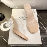 High-Heeled Women 2025 Summer New Transparent Crystal Waterproof Table Coarse Slippers With A Word To Wear Cold Drag Woman HZ0115