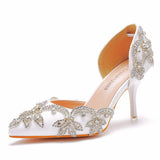7 Cm Golden Water Diamond Wedding Shoes Fine Heel Pointed Sandals Hollow Two-Siped Sandals Banquet Crystal Wedding HZ0115