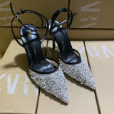 ZA Home 2025 New Women's Shoes White Leud Low Heel Temperament High Heels High Heels After The Shallow Mouth Of Studs Single Shoes HZ0115