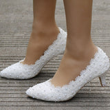 Large-Size 5 Cm Lace Heel High Heel Heel Heel Mid-Heeled Wedding Shoes Pointed Bridesmaid Shoes Annual Photo Shoes HZ0115
