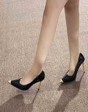 2025 New Light Mouth Water Drill Metal Head Patent Black Single Shoes Women Feel Pointed Night Shop Bed High Heels HZ0115