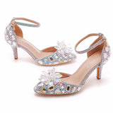 7 Cm Large-Size Sandals Fine Heel Head Crystal Glass High Heel Sandals Champagne Gold Banquet Dinner Women's Shoes HZ0115