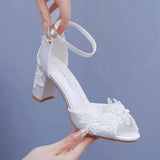 7 Cm Fish Mouth High-Heeled Sandals Shallow Mouth Lace Flower Large Size Sandals Bride Wedding Silk Satin Cloth Coarse Sandals Woman HZ0115