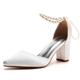 7 Cm Thick Heel Pointed Sandals With Shallow Female Sandals White Beaded Satin Cloth Bride High Heels Large Size HZ0115