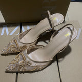 ZAJ2025 Spring New Pointed Thin-Heeled Mesh Buns High Heels Women's Lace Fragrant Wind Wear HZ0115