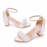 7 Cm Square With Thick Heel Shallow Mouth With Sandals Beaded Essee Flowers Wedding Dress Shooting High Heels Sandals HZ0115