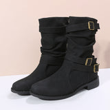 Mid-Pig Boots Women's Size Size 2025 Autumn/Winter Round Head Shed Belt Buckle Decoration Lady Boots HZ0115