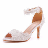 7 Cm Lace Fish Mouth High Heel Sandals Shallow Mouth Buckle With Large-Size Round-Head High-Heeled Shoes White Satin Cloth Marriage HZ0115