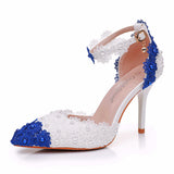 9 Cm Tling Blue And White Lace Flower Banquet Stage Sandals Fine Heel Sandals Women's Ball Cheongsam Pointed Sandals HZ0115