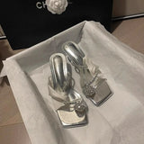 French Water Drill High Heel Sandals Women's High-Grade Summer New Temperament Style Wind With Square Toe Slippers Tide HZ0115