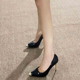 2025 New Light Mouth Water Drill Metal Head Patent Black Single Shoes Women Feel Pointed Night Shop Bed High Heels HZ0115
