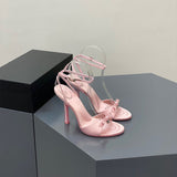 2025 New Summer Bow Silk Satin High Heels Women Feel Water Drill Letters Fine And Exposed Cool Slippers Pink HZ0115