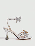 Women's Round Head Three-Dimensional Flower Paint And Fine High Heel Sandals Women's Shoes Elegant Silver High Heels HZ0115