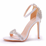 New One-Word With A Hundred Bridal Slender Shoes 11 Cm High Heel White PU High Heel Sandals Ladies Wedding Shoes HZ0115