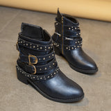 Ladies Leather Boots Autumn Winter Rough And Large Belt Short-Sleest Unispet Women HZ0115