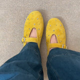 Sanding Skin Shallow Mouth Small Single Shoes Women Retro Rivet Round Head Mary Jane Shoes Flats Comfortable Grandmother Shoes HZ0115