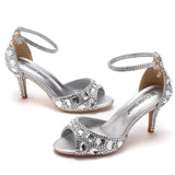 7 Cm Fish Mouth High Heel Sandals Shallow Mouth With Large-Size Round-Head High Heels Golden Water Drill Fine Sandals HZ0115