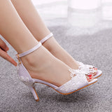 7 Cm Lace Flower Fish Mouth High Heel Sandals Light Mouth Buckle With Large-Size Round Head White Ribbon High Heel Shoes HZ0115