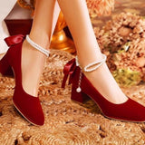 Mary Jane Shoes 2025 New French Pearl Chain Bow High Heels Round Head Thick And Shallow Single Shoes HZ0115