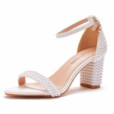 7 Cm Thick Heeled Shallow Word With Sandals Round Head Square Thick Heel Sandals White Pearl Sandals Wedding Shoes HZ0115