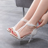 9 Cm High-Heeled Sandalbum Bridesmaid Wedding Buckle Lace Beads And Fish Mouth Roman Sandals HZ0115