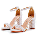 9 Cm Thick Heeled Light Mouth With Sandals Round Head Square Thick Sandals White Pearl Sandals Wedding Shoes HZ0115