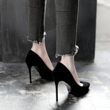 Large-Size High-Heeled Shoes Women Fat Feet Wide 41 To 43 Professional Commuter Non-Tired Footwork Shoes Velvet Black Fine Heel Single Shoes HZ0115
