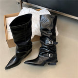 Sharp Buckle Folding Pile Boots Women Coarse And 2025 Punk Style Knight Boots Fried Street Hot Girls High And Long Boots HZ0115