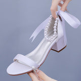 5 Cm Square Heel Sandals Shallow Mouth With Thick Heel Sandals White Beads Drifted Sandals Bride Wedding Sandals HZ0115