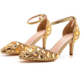7 Cm Large-Size Sandals Fine Heel Head Water Drill High Heel Sandals Gold Water Drill High Heels Wedding Shoes HZ0115